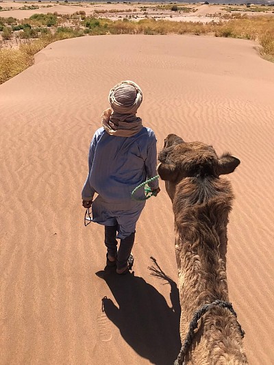Marche consciente dans le désert marocain lors de la retraite yoga